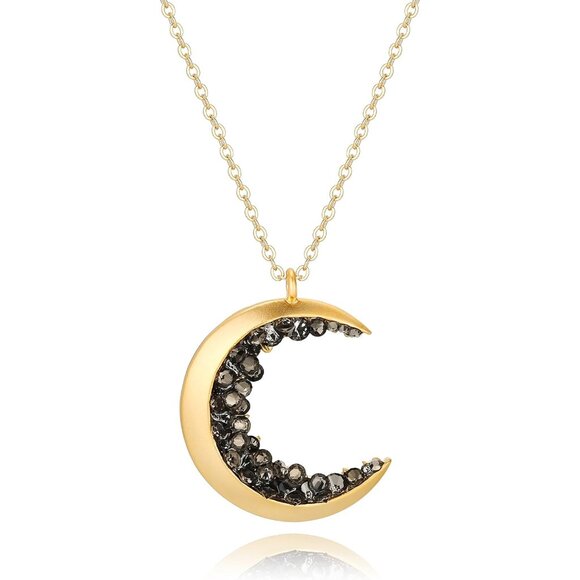 Dainty Gold Plated Moon Necklace 32in Black Crystal Pendant for Women
